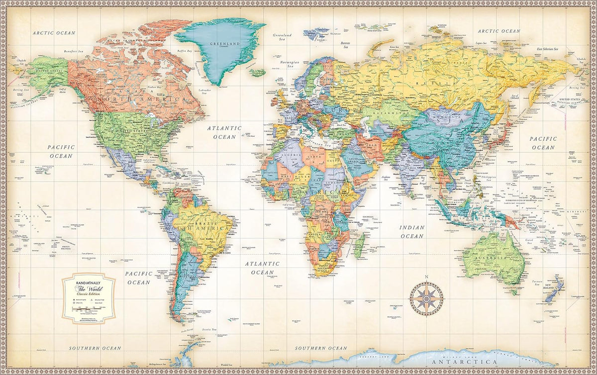 Rand McNally Classic Edition World Wall Map — 50" x 32" Laminated, Rolled World Map with Antique-Style Accents, Color-Matched Topographical Relief and an Africa-Centered Projection: 50" x 32" Laminated Rolled World Wall Map with Antique-Style Accents and 