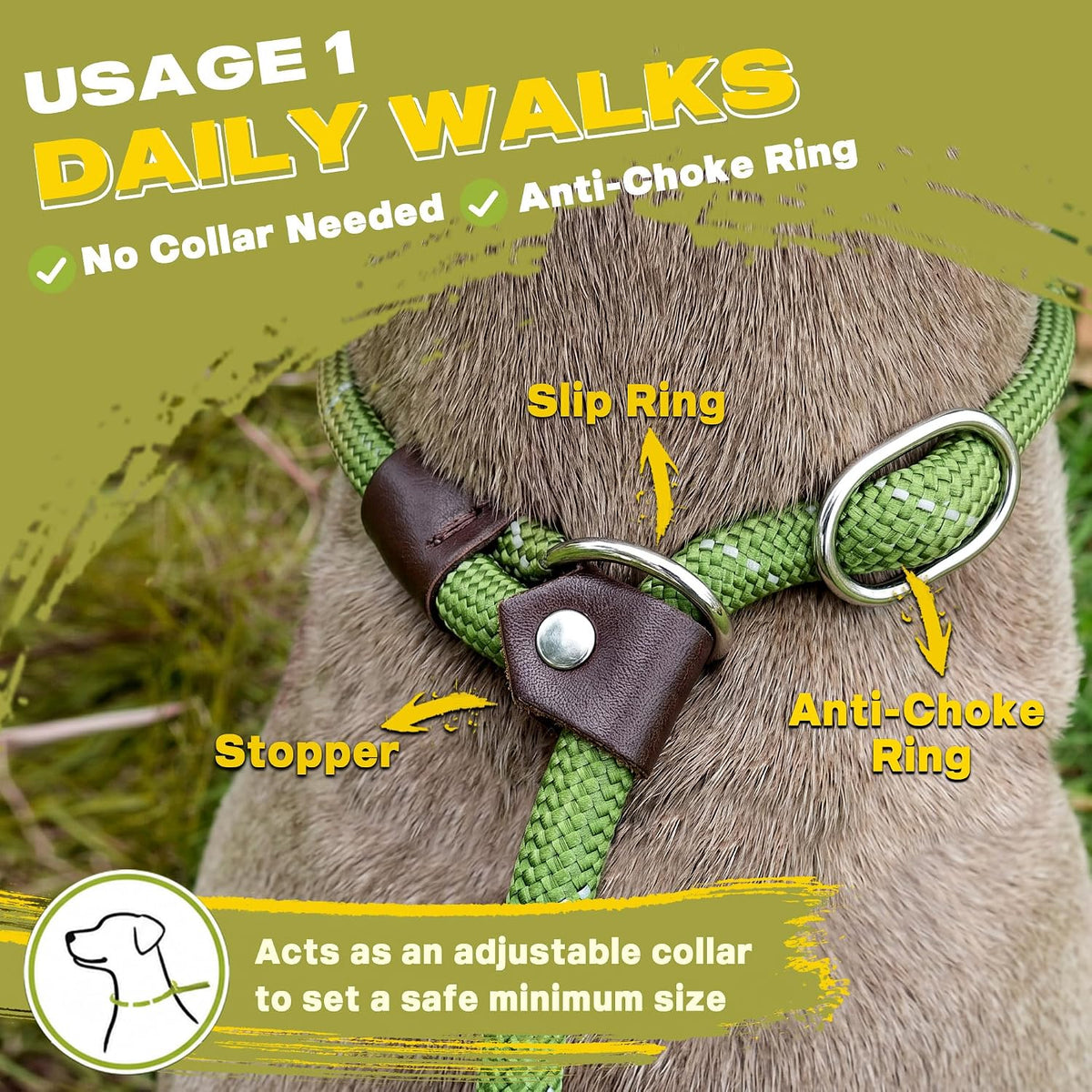 Fida Durable Slip Lead, 6 FT x 1/2" Heavy Duty Loop Leash, Comfortable Strong Rope for Large, Medium Dogs, No Pull Pet Training with Highly Reflective, Green