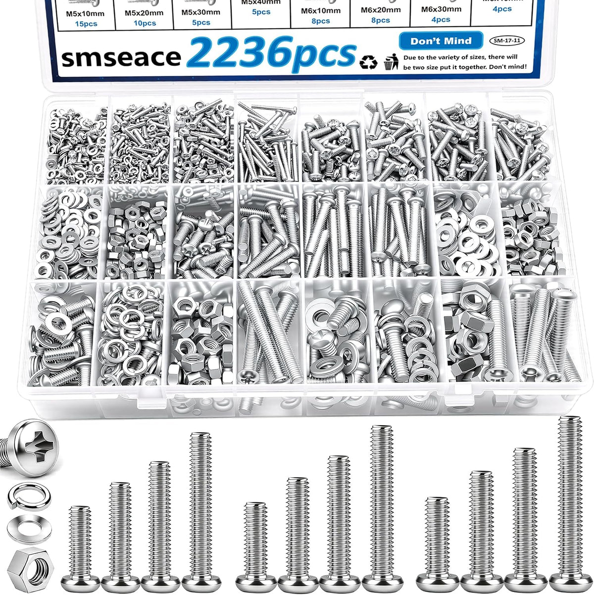 smseace 516Pcs Nuts and Bolts Assortment Kit 21-Sizes M3/M4/M5/M6 Nut Bolt Washer Assortment Kit for Machinery, Furniture, Automotive, Motorcycle Repairs