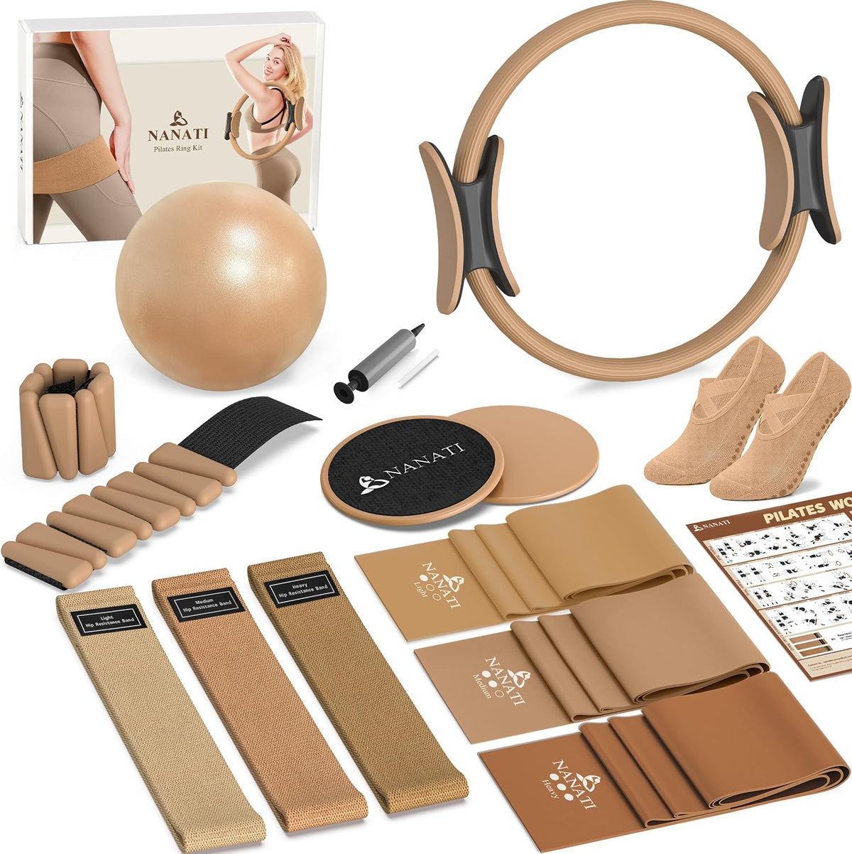 NANATI Pilates Kit, Home Pilates Workout Kit for Women, Pilates Equipment with 14.5"" Pilates Ring and Ball, Resistance Bands, Ankle Weights, Sliders & Grip Socks for Home Workouts