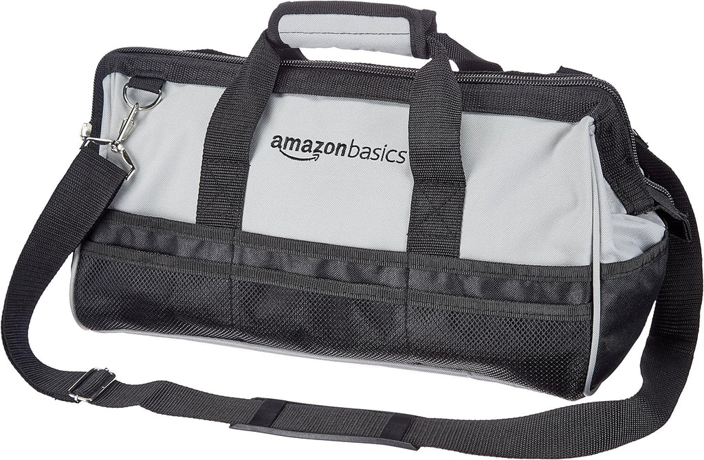 Amazon Basics Durable Wear-Resistant Tool Storage Bag with Adjustable Shoulder Strap, Portable Tool Organizer, 16 Pockets, 12 in, Black & Gray