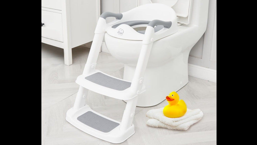 Forbena Potty Training Toilet Seat with Step Stool Ladder, Toddler Kids Potty Seat for Boys Girls, Non Slip Foldable Toilet Training Seat with Soft Cushion, Comfortable Handles (White-Grey)