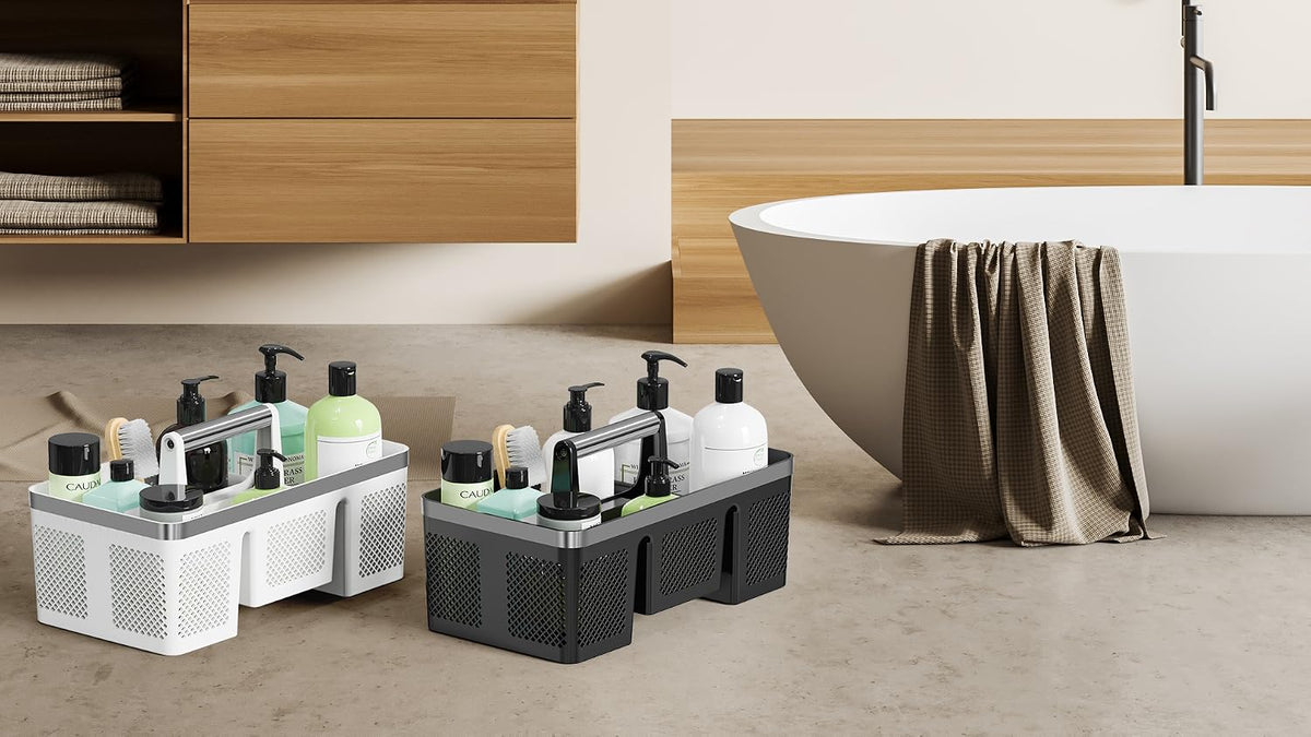 BYUNER Plastic Shower Caddy Dorm: Portable Cleaning & Shower Caddy with Handle, 4 Divided Compartments, All-Side Drainage, Rigid Plastic Basket Tote for College Dorm & Bathroom Use, Black/Silver