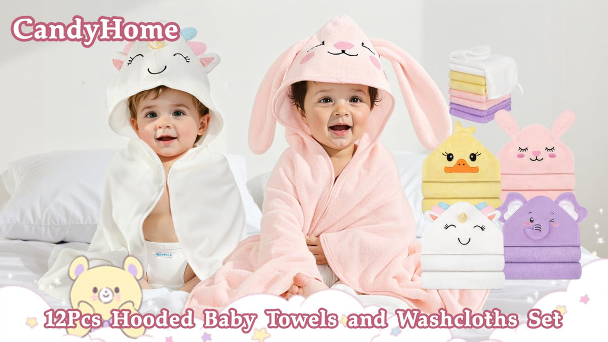 12 PCS Baby Bath Towels Set, Baby Towels for Newborn Bath Essentials Gifts