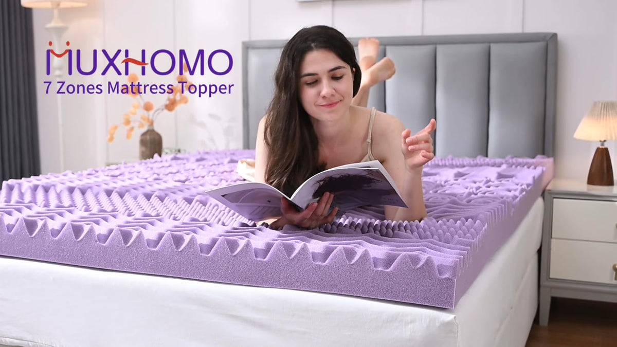 MUXHOMO 3 Inch 7-Zone Twin XL Mattress Topper, Egg Crate Memory Foam Mattress Topper Twin XL Size for Back Pain, Lavender Gel Infused Bed Pad, CertiPUR-US and Oeko-TEX Certification (79"×38")